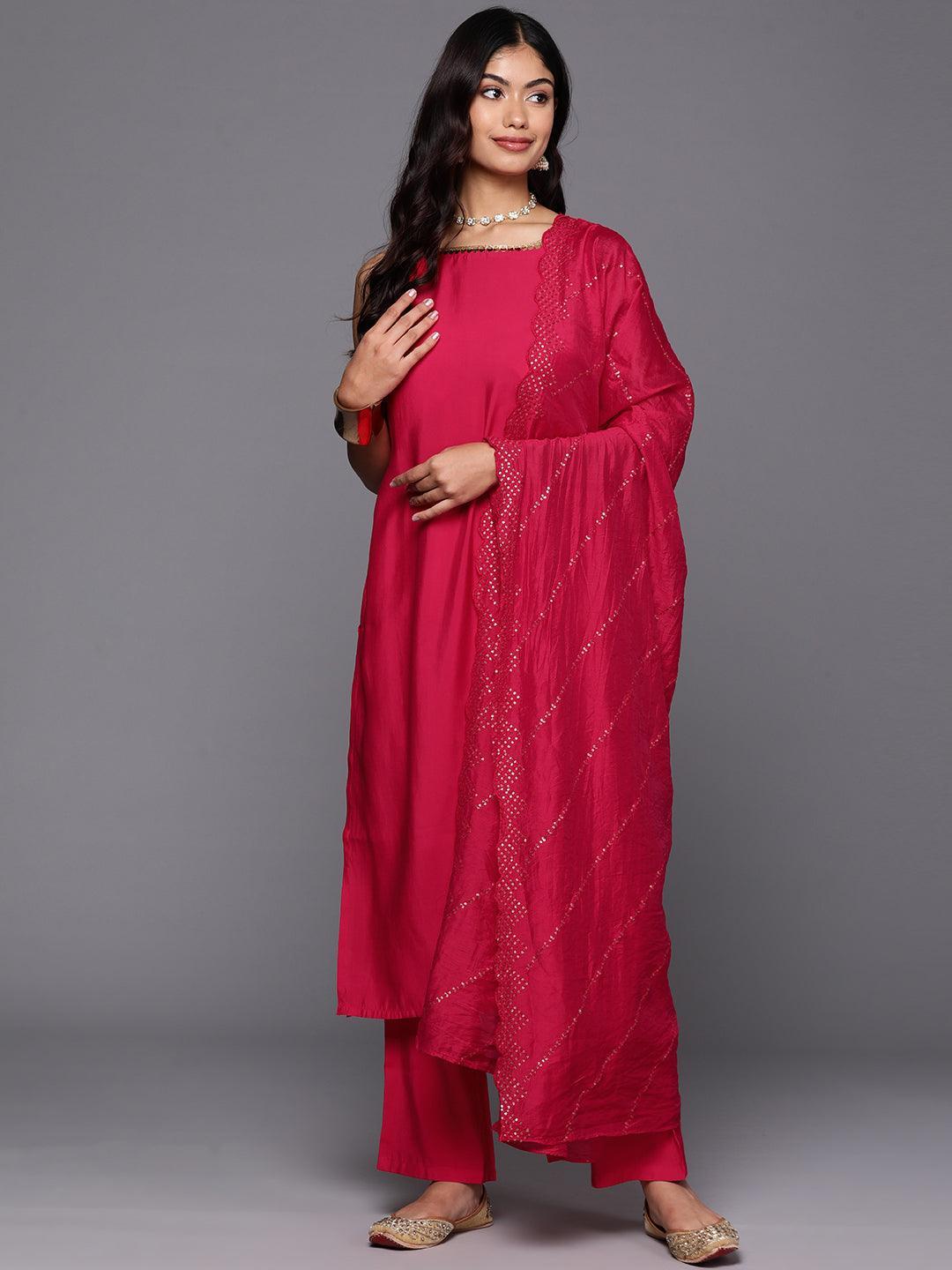 Pink Solid Silk Blend Straight Kurta With Trousers & Dupatta - Libas