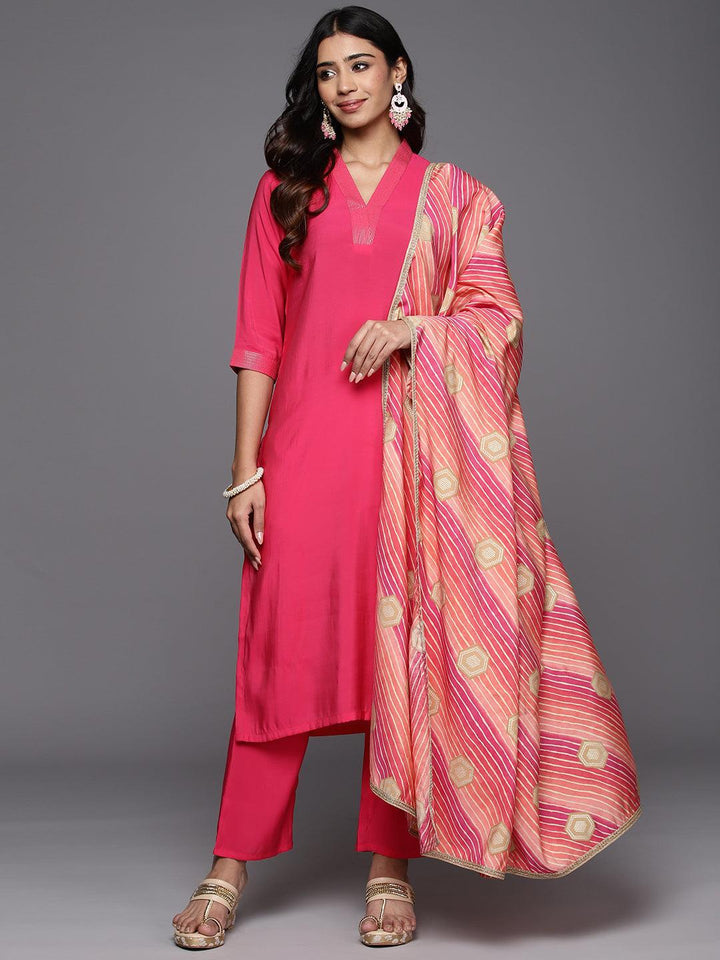 Pink Solid Silk Blend Straight Kurta With Trousers & Dupatta - Libas