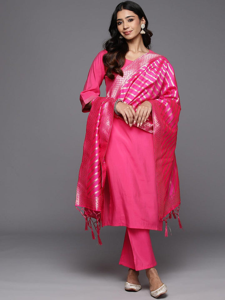 Pink Solid Silk Blend Straight Kurta With Trousers & Dupatta - Libas