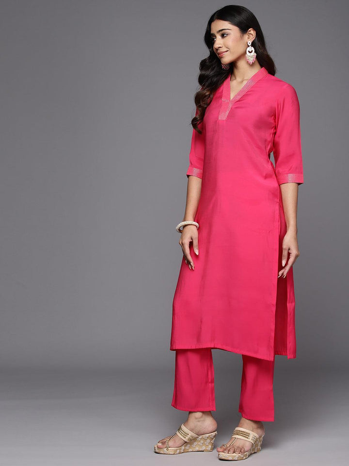 Pink Solid Silk Blend Straight Kurta With Trousers & Dupatta - Libas