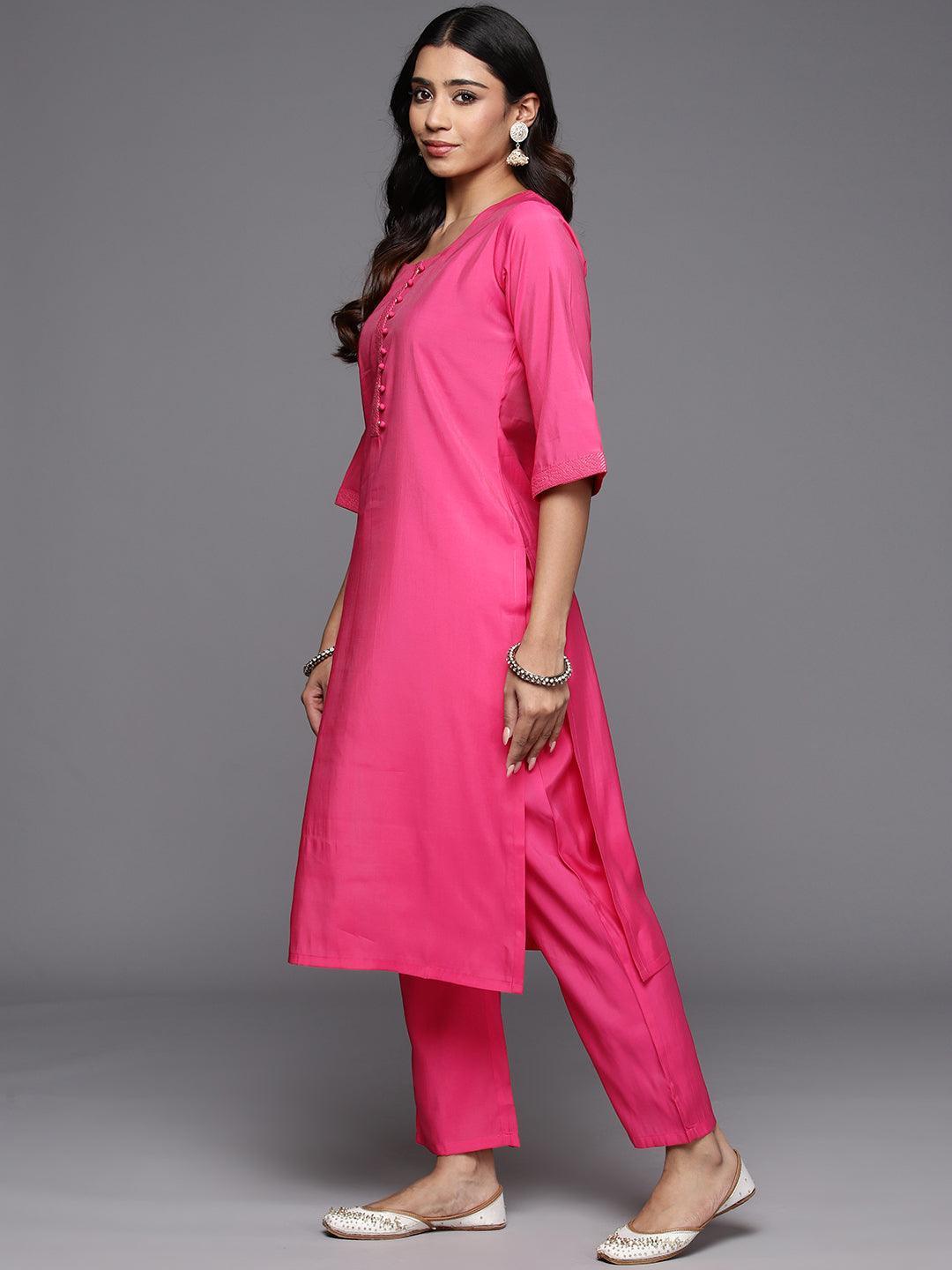 Pink Solid Silk Blend Straight Kurta With Trousers & Dupatta - Libas