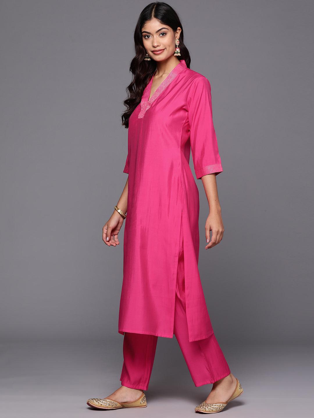 Pink Solid Silk Blend Straight Kurta With Trousers & Dupatta - Libas