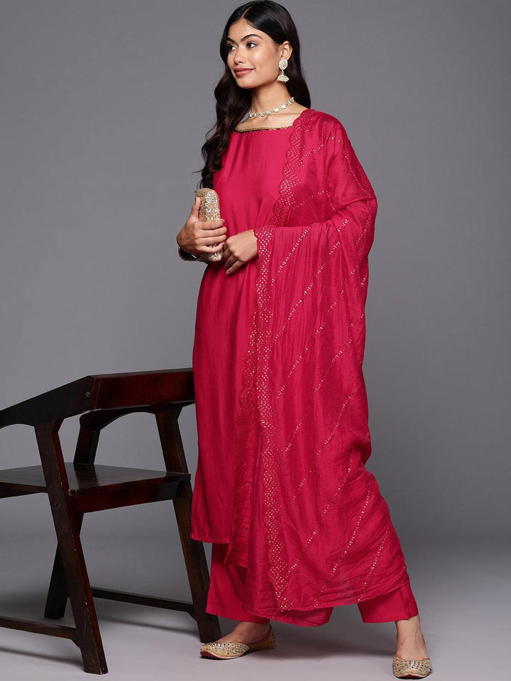 Pink Solid Silk Blend Straight Kurta With Trousers & Dupatta - Libas