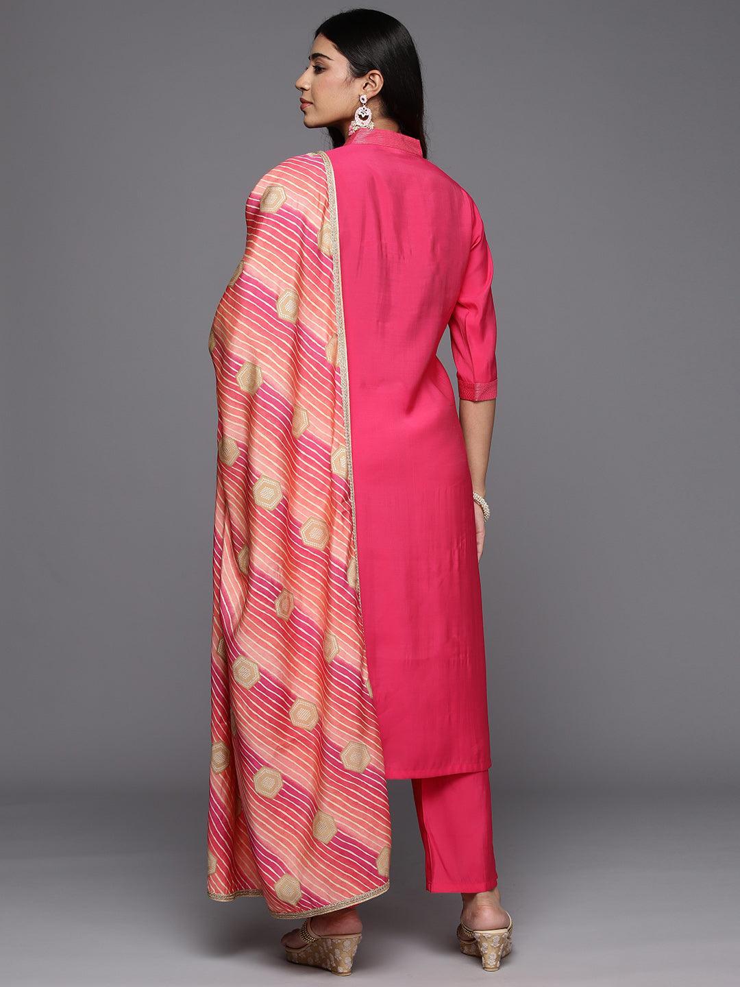 Pink Solid Silk Blend Straight Kurta With Trousers & Dupatta - Libas