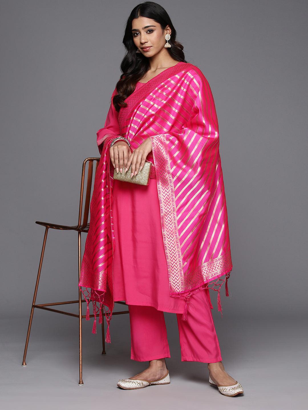 Pink Solid Silk Blend Straight Kurta With Trousers & Dupatta - Libas