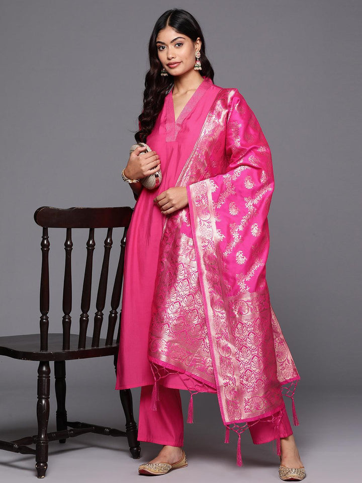 Pink Solid Silk Blend Straight Kurta With Trousers & Dupatta - Libas