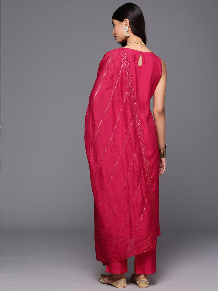 Pink Solid Silk Blend Straight Kurta With Trousers & Dupatta - Libas