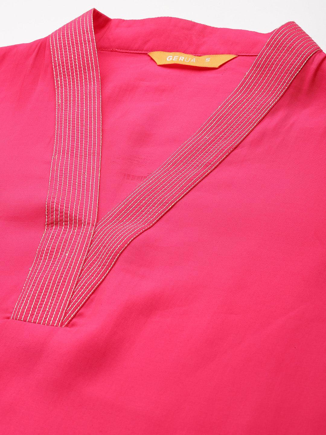 Pink Solid Silk Blend Straight Kurta With Trousers & Dupatta - Libas