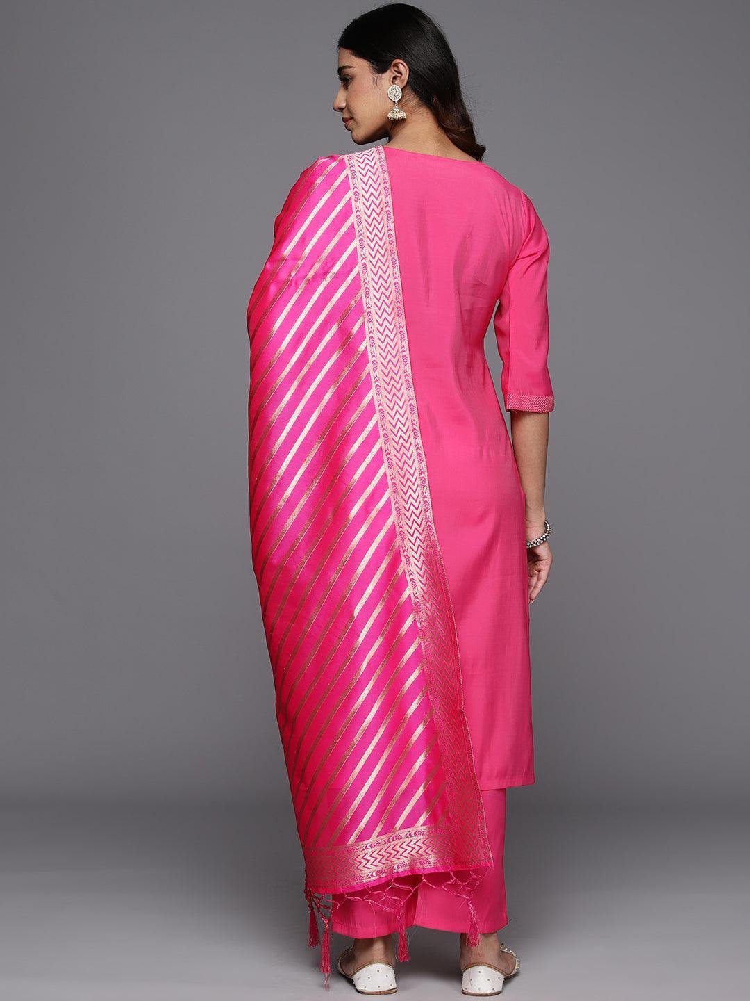 Pink Solid Silk Blend Straight Kurta With Trousers & Dupatta - Libas