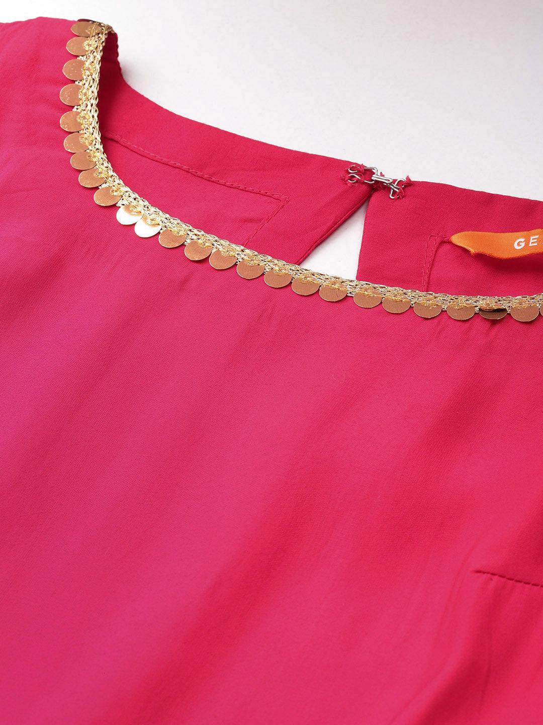 Pink Solid Silk Blend Straight Kurta With Trousers & Dupatta - Libas