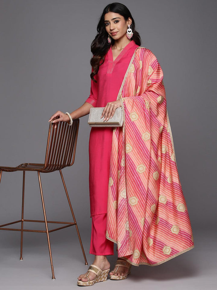 Pink Solid Silk Blend Straight Kurta With Trousers & Dupatta - Libas