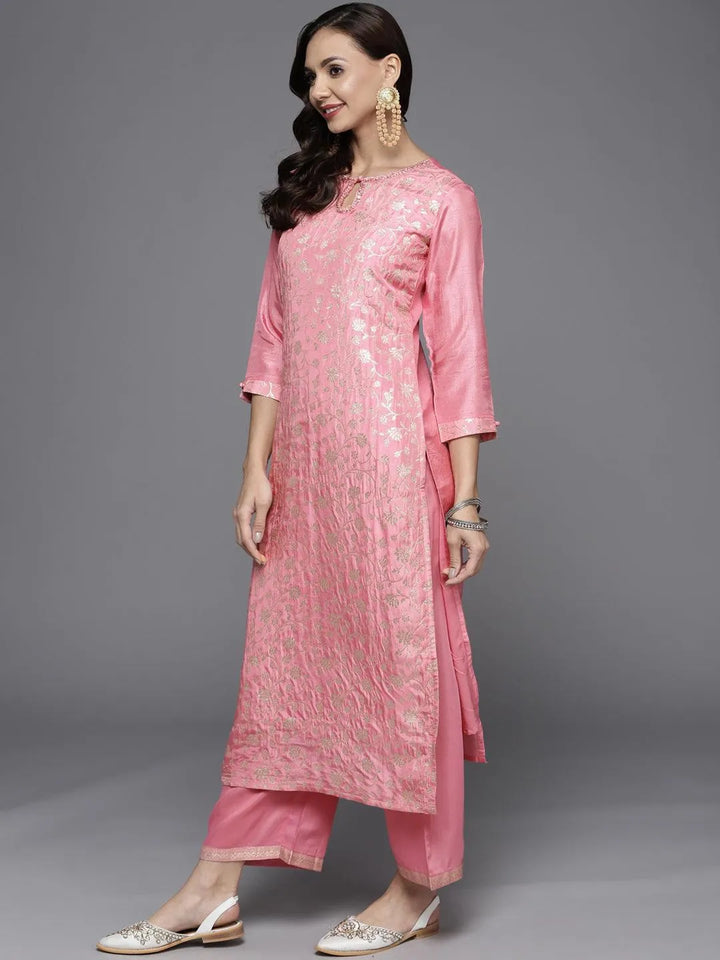 Pink Woven Design Silk Blend Straight Suit Set - ShopLibas