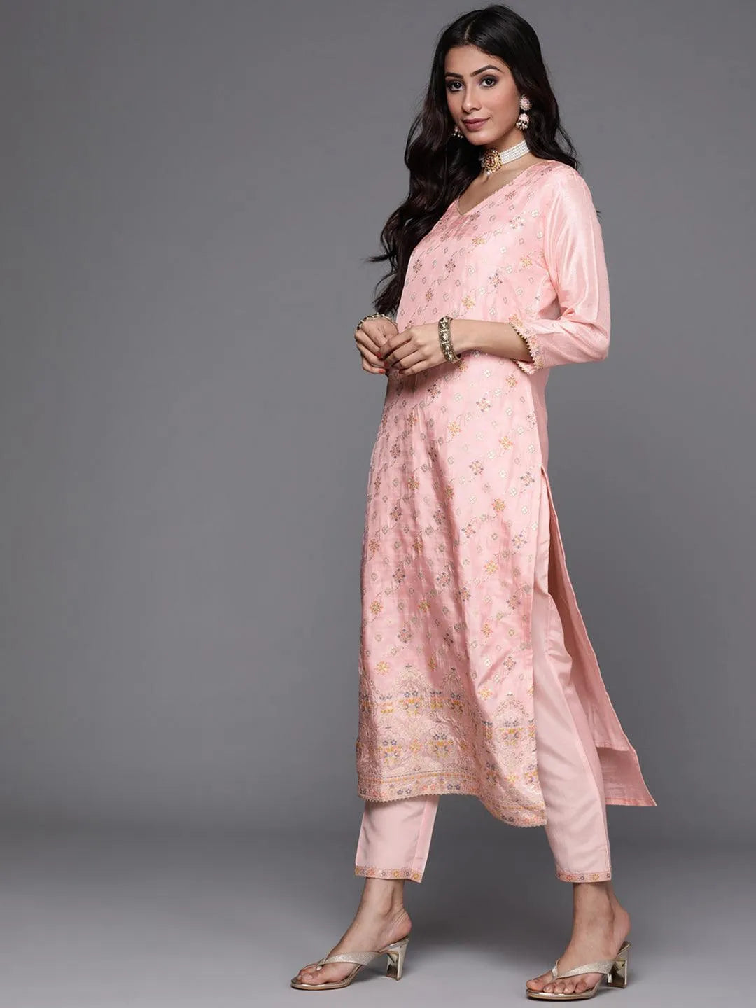 Pink Woven Design Silk Suit Set