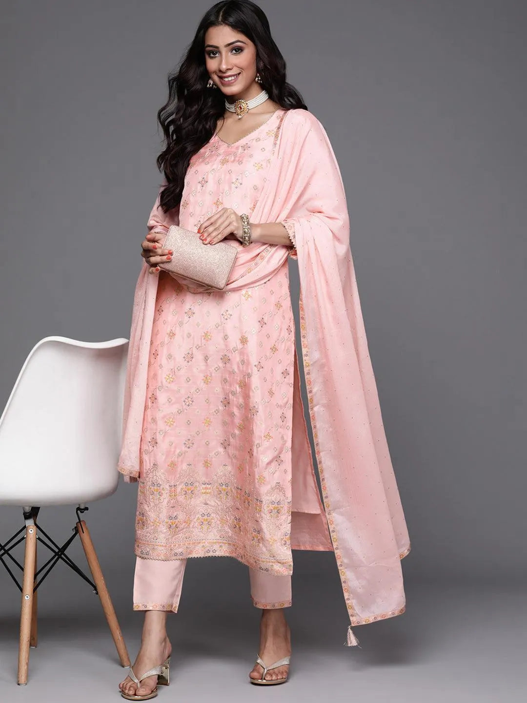 Pink Woven Design Silk Suit Set