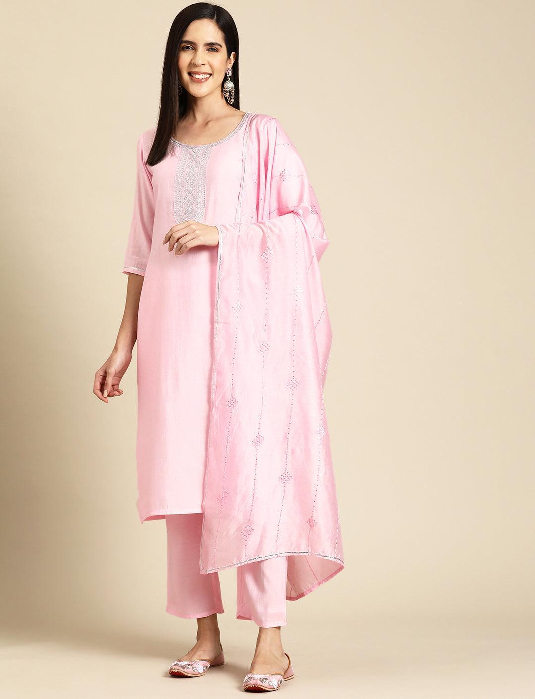 Pink Yoke Design Silk Blend Straight Kurta With Trousers & Dupatta - Libas