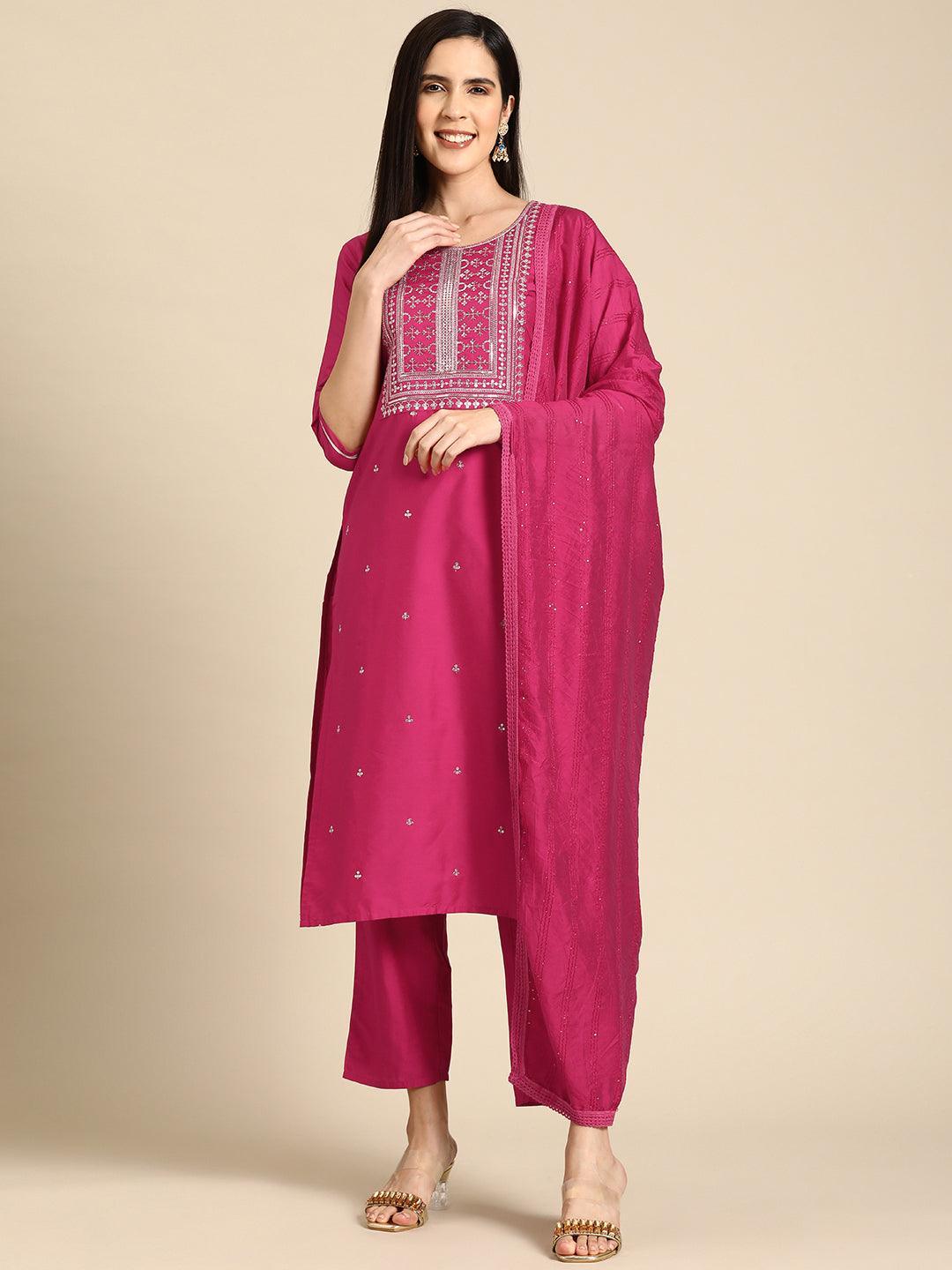 Pink Yoke Design Silk Blend Straight Kurta With Trousers & Dupatta - Libas