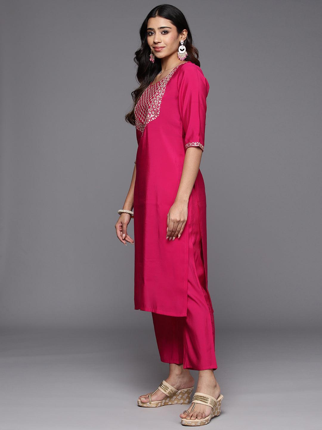 Pink Yoke Design Silk Blend Straight Suit With Dupatta