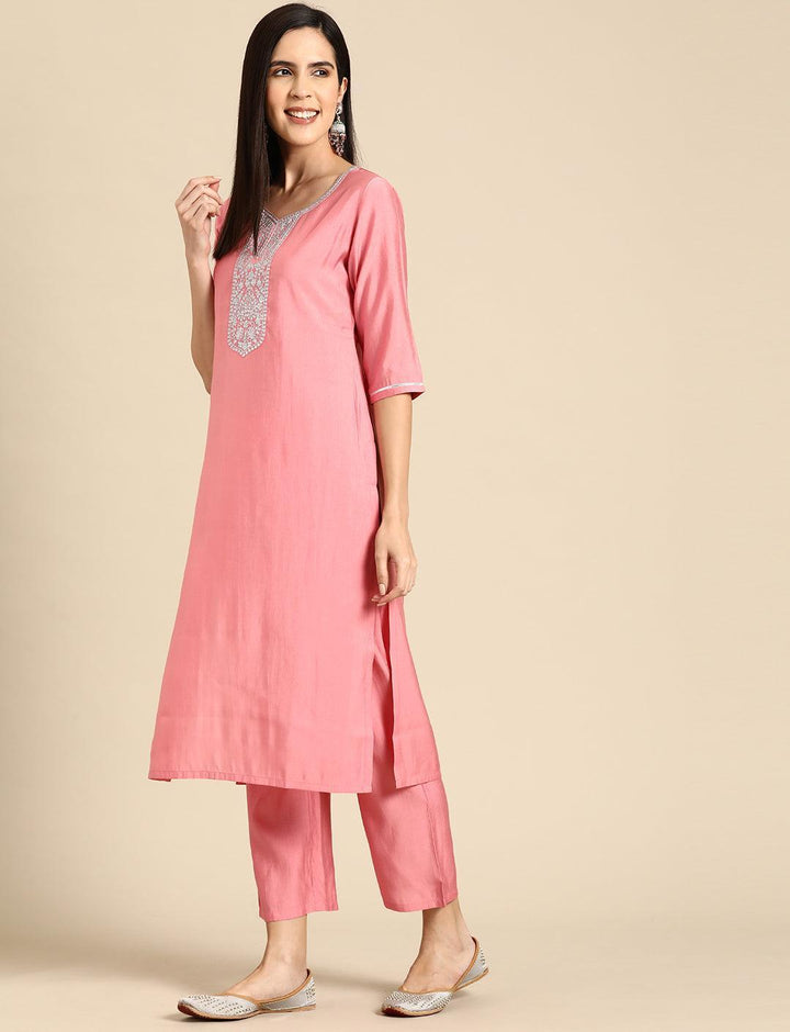 Pink Yoke Design Silk Blend Straight Kurta With Trousers & Dupatta - Libas