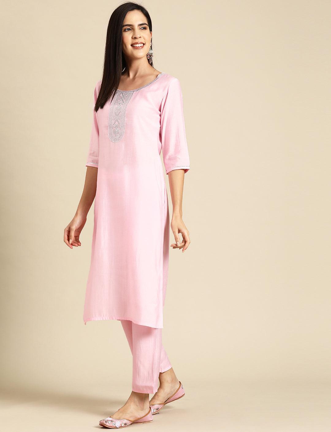 Pink Yoke Design Silk Blend Straight Kurta With Trousers & Dupatta - Libas