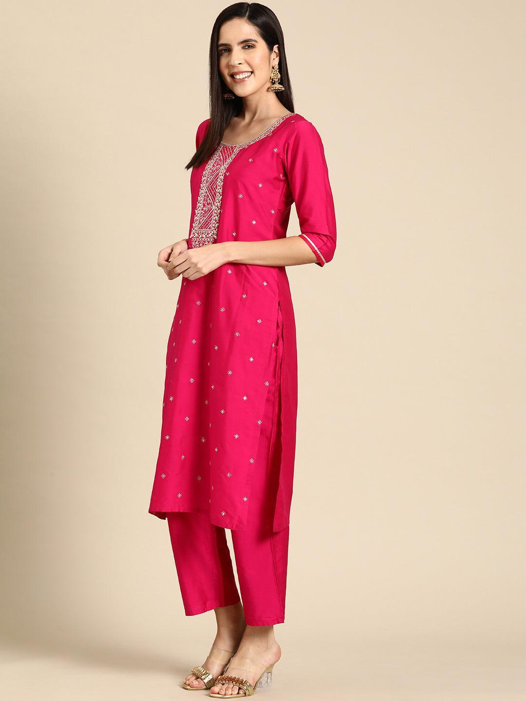 Pink Yoke Design Silk Blend Straight Suit With Dupatta