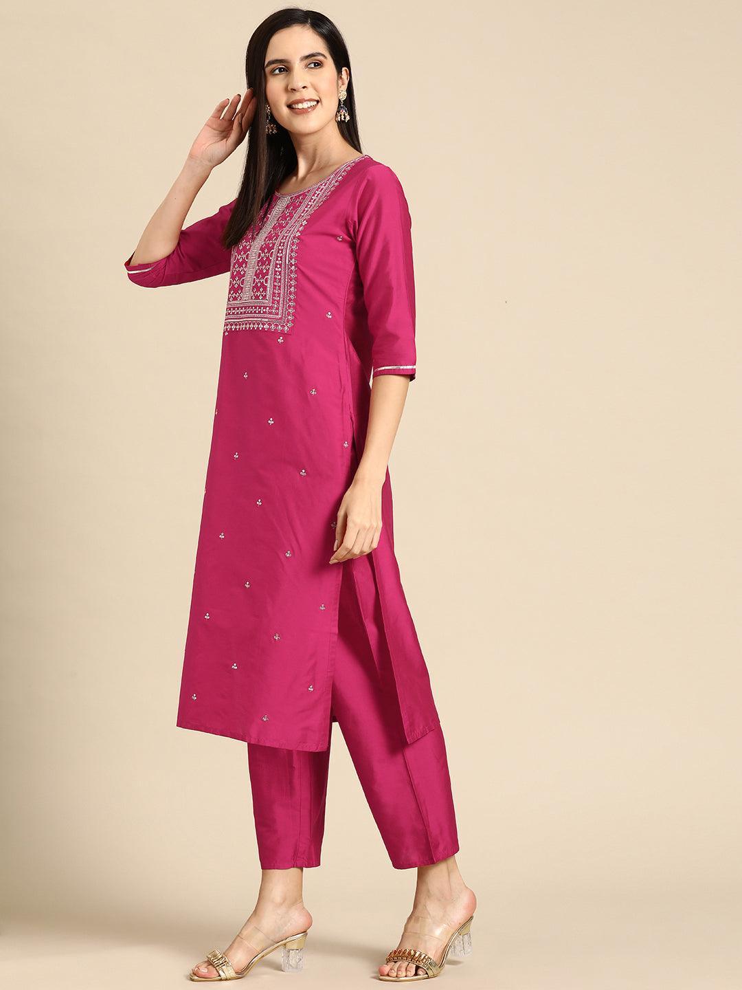 Pink Yoke Design Silk Blend Straight Kurta With Trousers & Dupatta - Libas