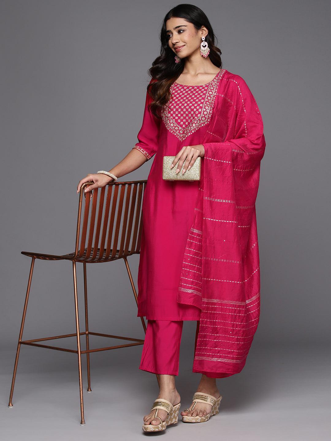 Pink Yoke Design Silk Blend Straight Suit With Dupatta