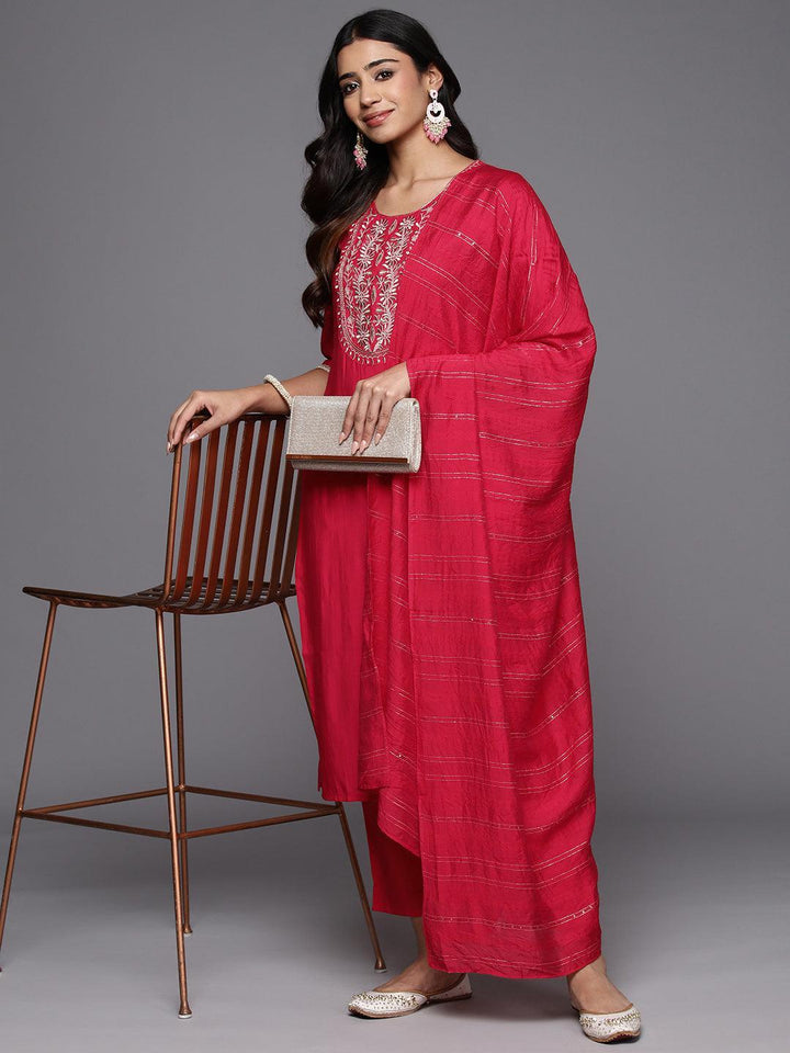 Pink Yoke Design Silk Blend Straight Kurta With Trousers & Dupatta - Libas