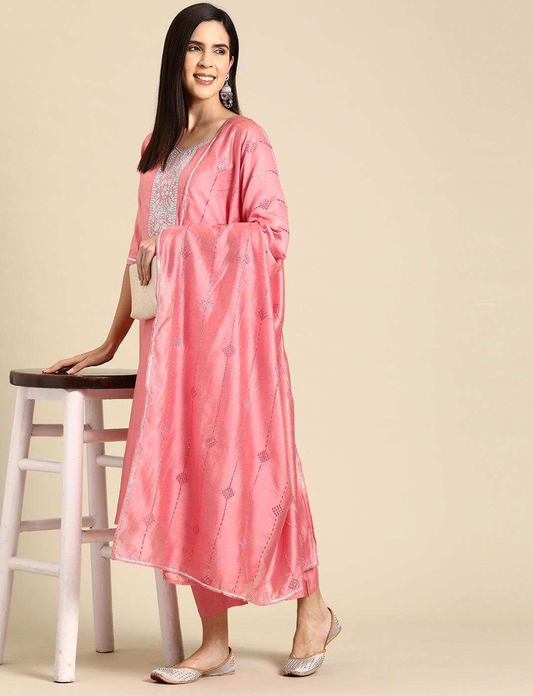 Pink Yoke Design Silk Blend Straight Kurta With Trousers & Dupatta - Libas