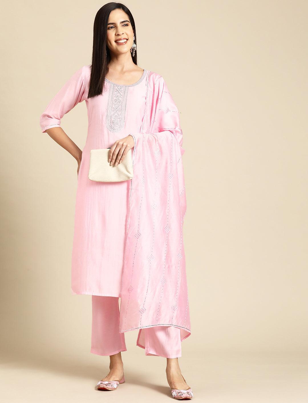 Pink Yoke Design Silk Blend Straight Kurta With Trousers & Dupatta - Libas