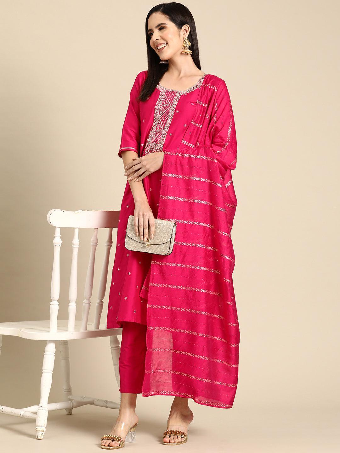 Pink Yoke Design Silk Blend Straight Suit With Dupatta