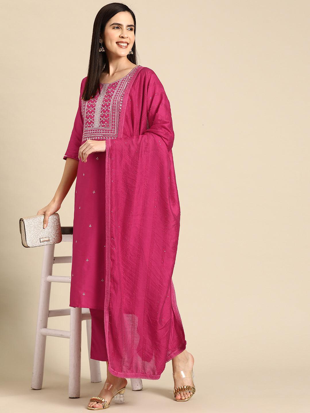 Pink Yoke Design Silk Blend Straight Suit With Dupatta