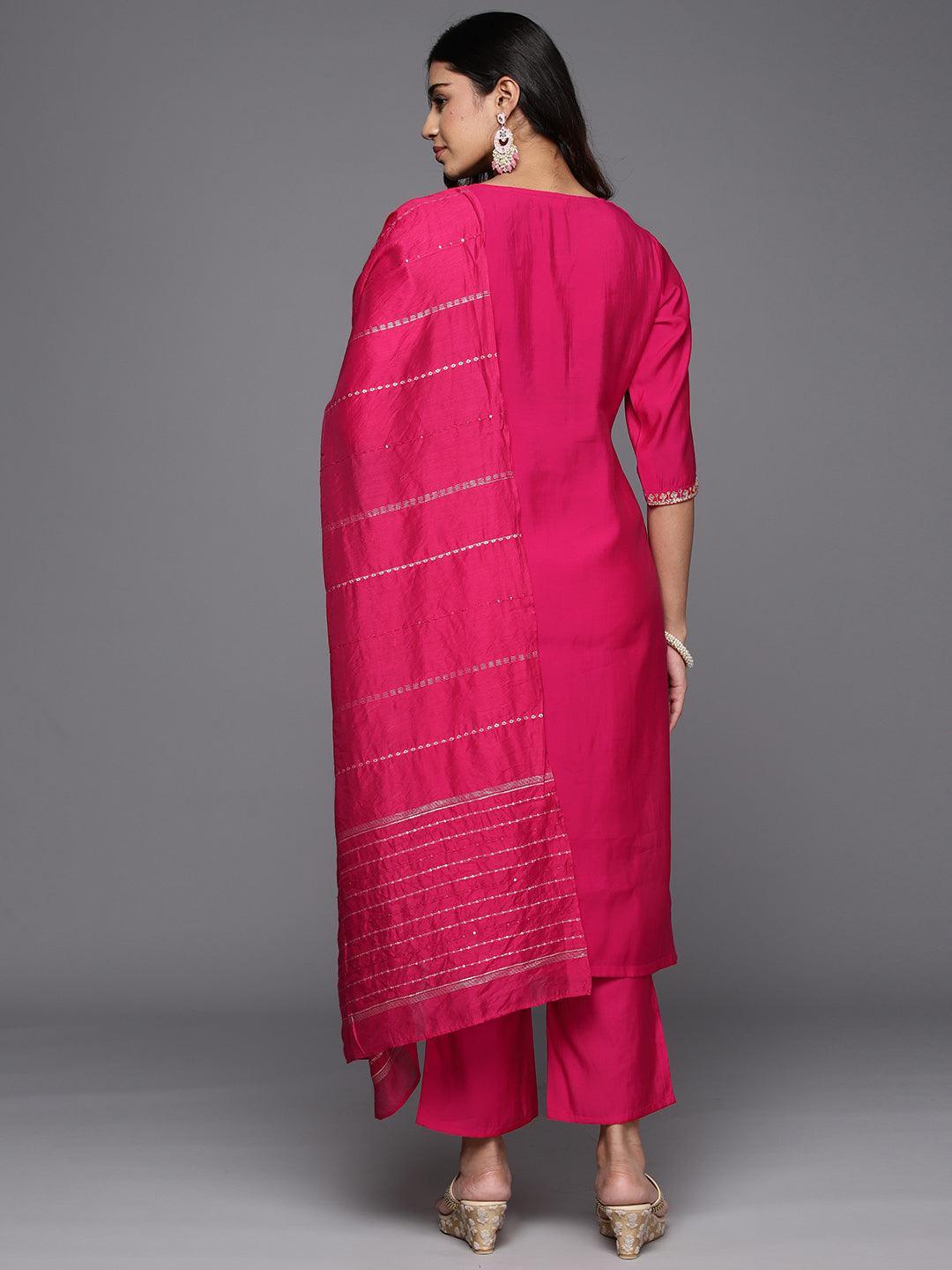 Pink Yoke Design Silk Blend Straight Suit With Dupatta