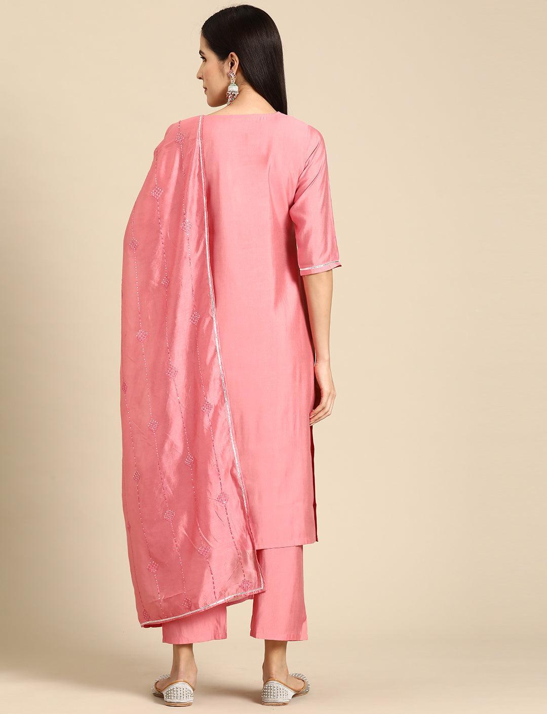 Pink Yoke Design Silk Blend Straight Kurta With Trousers & Dupatta - Libas