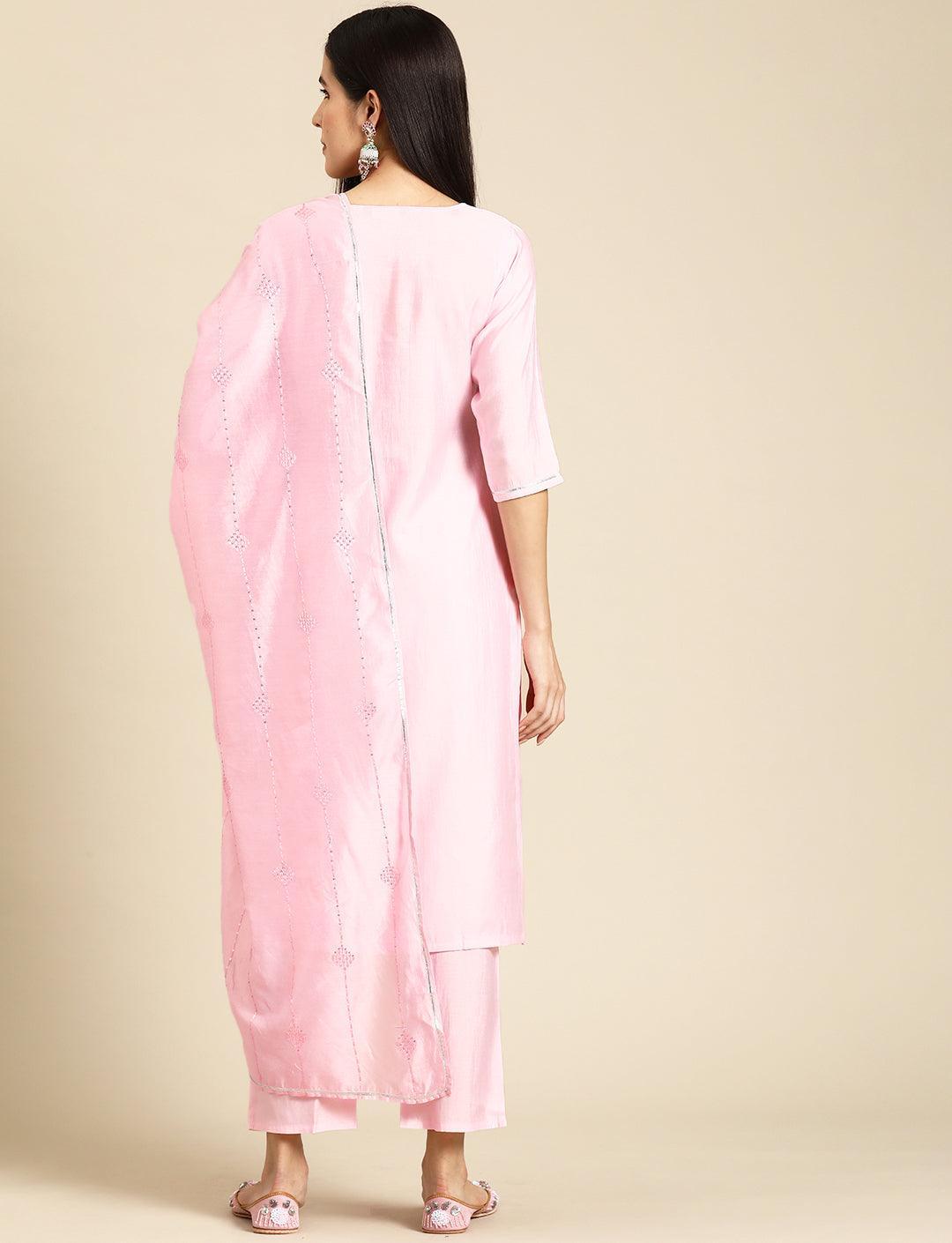 Pink Yoke Design Silk Blend Straight Kurta With Trousers & Dupatta - Libas