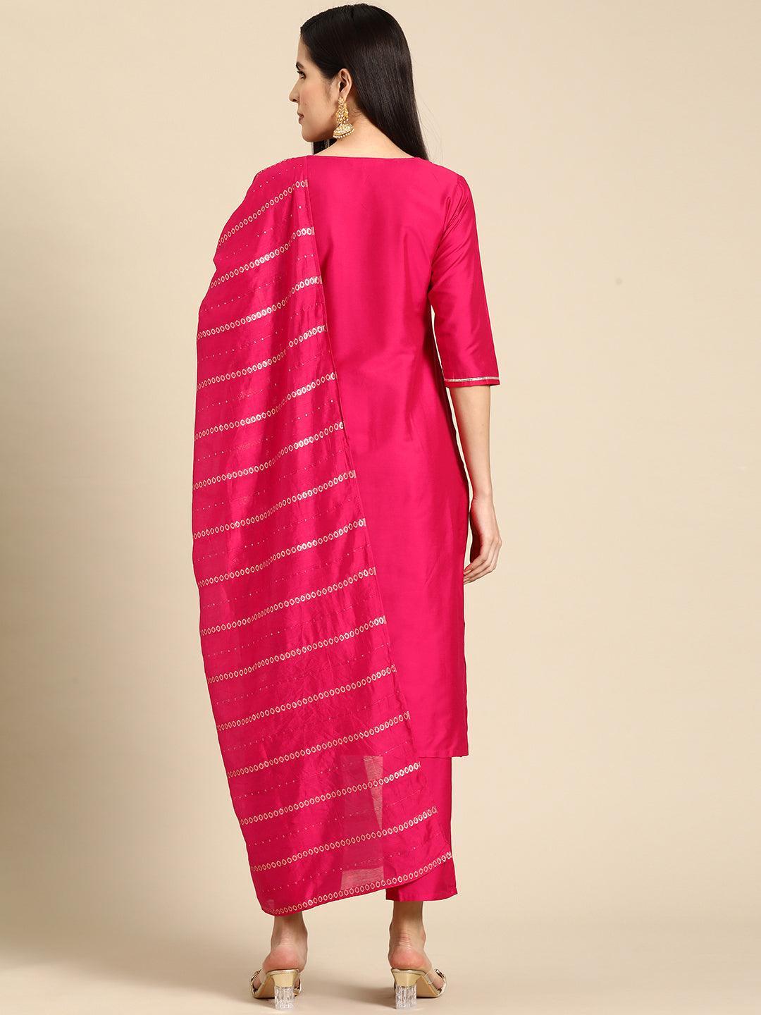 Pink Yoke Design Silk Blend Straight Suit With Dupatta