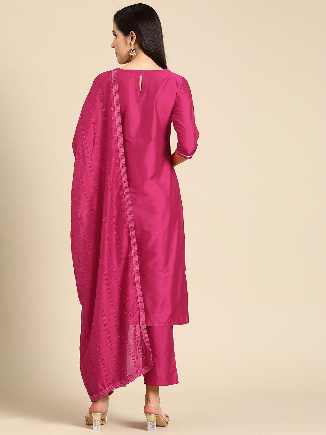 Pink Yoke Design Silk Blend Straight Suit With Dupatta