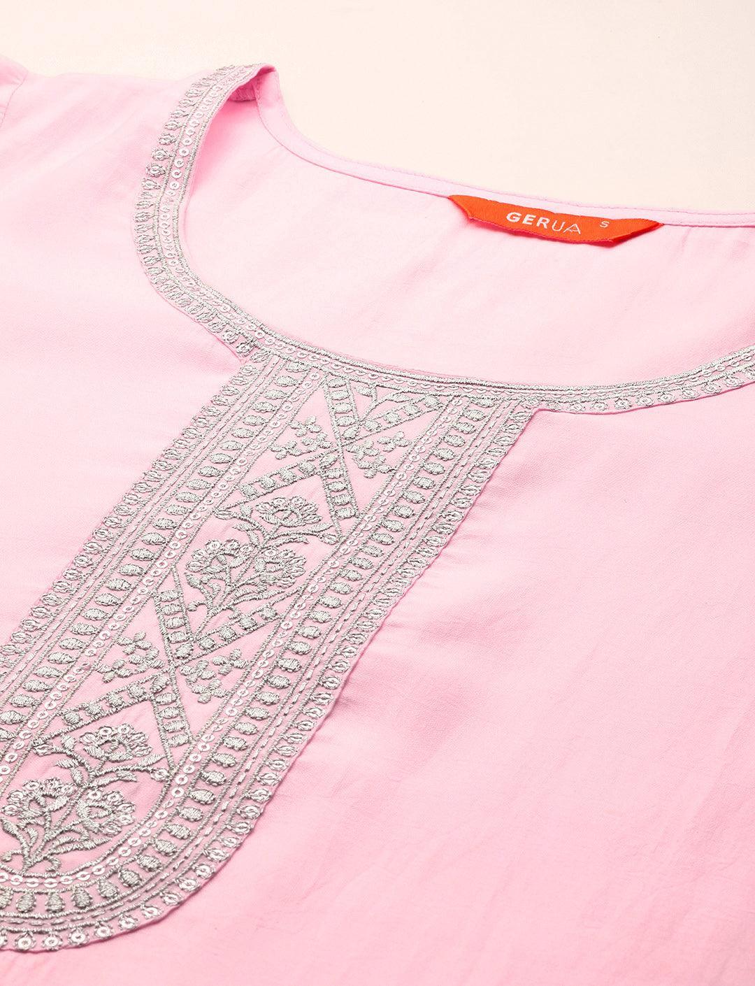 Pink Yoke Design Silk Blend Straight Kurta With Trousers & Dupatta - Libas