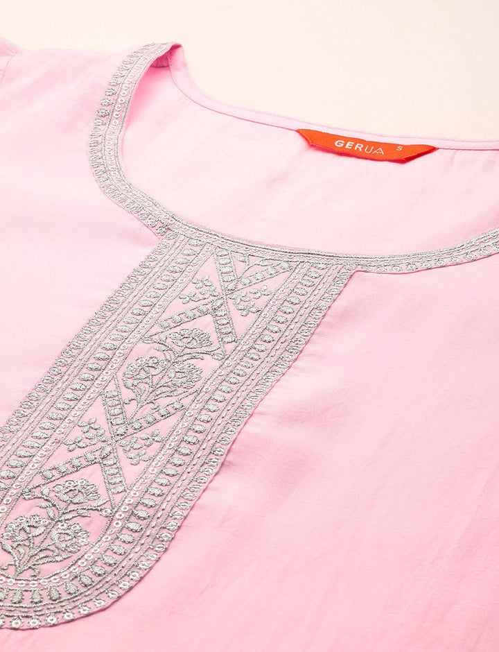 Pink Yoke Design Silk Blend Straight Kurta With Trousers & Dupatta - Libas