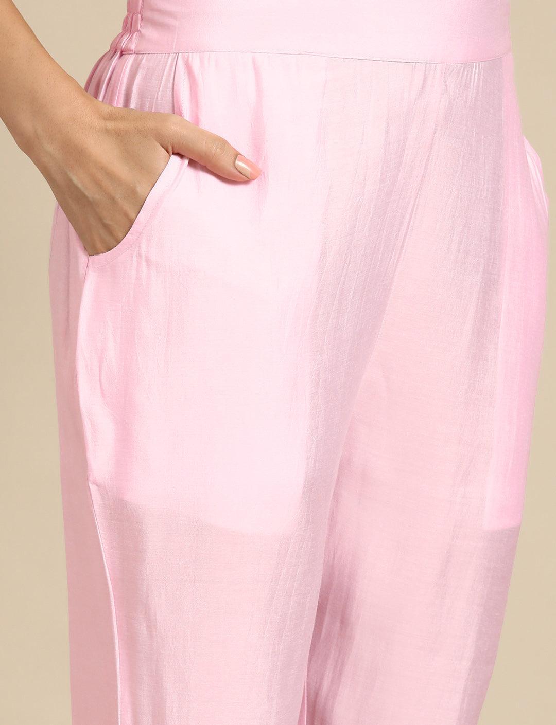 Pink Yoke Design Silk Blend Straight Kurta With Trousers & Dupatta - Libas