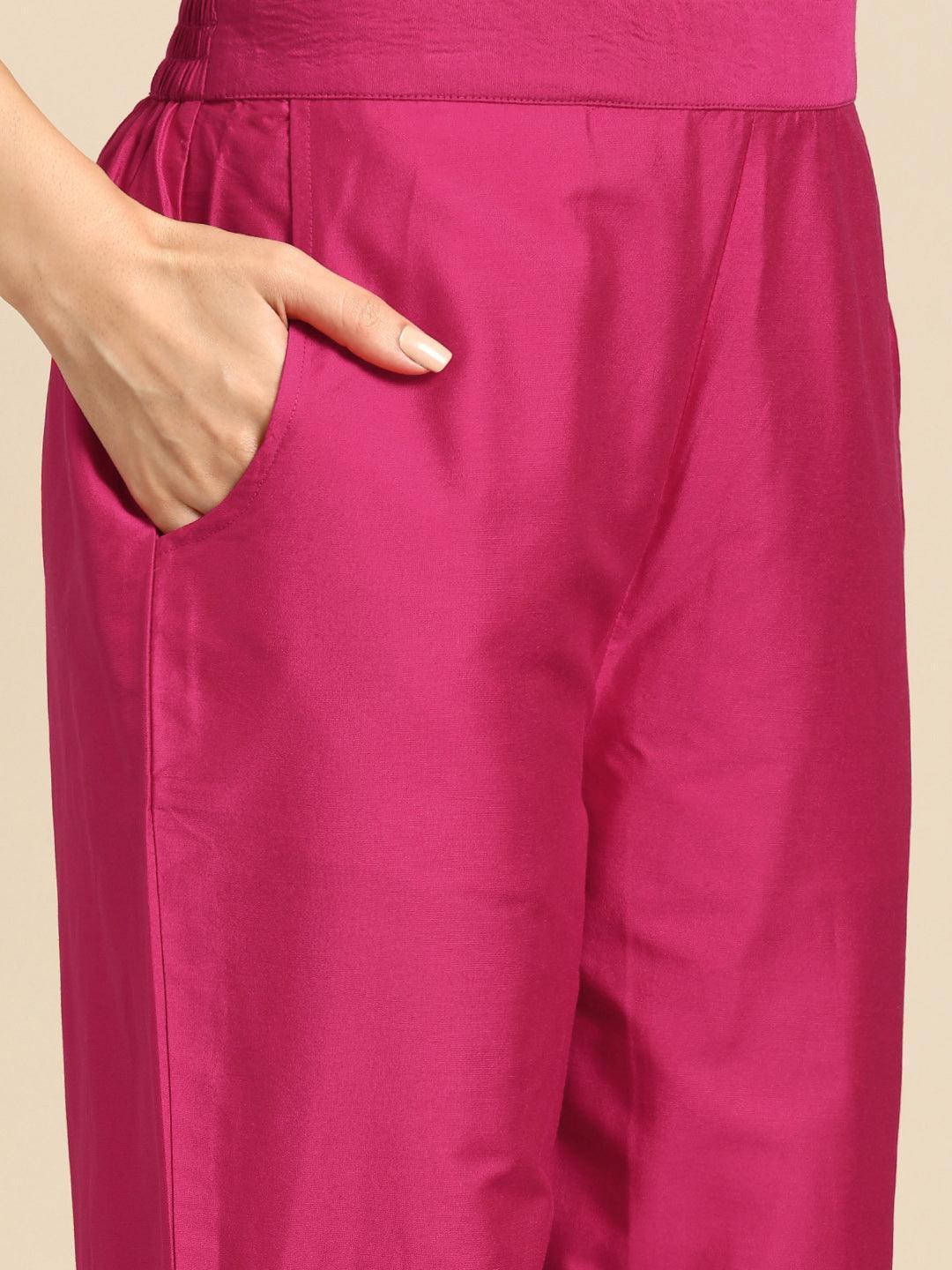 Pink Yoke Design Silk Blend Straight Suit With Dupatta