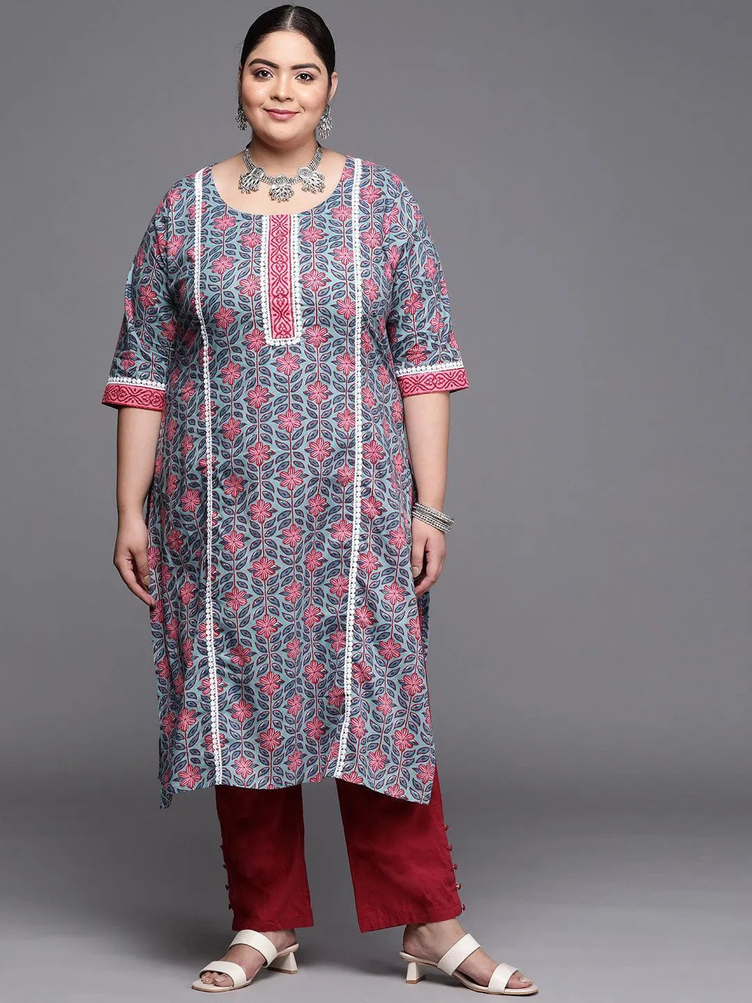 Plus Size Blue Printed Cotton Kurta - ShopLibas