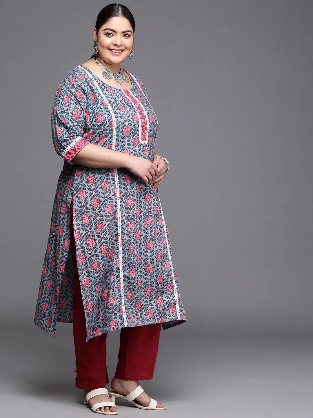 Plus Size Blue Printed Cotton Kurta - ShopLibas