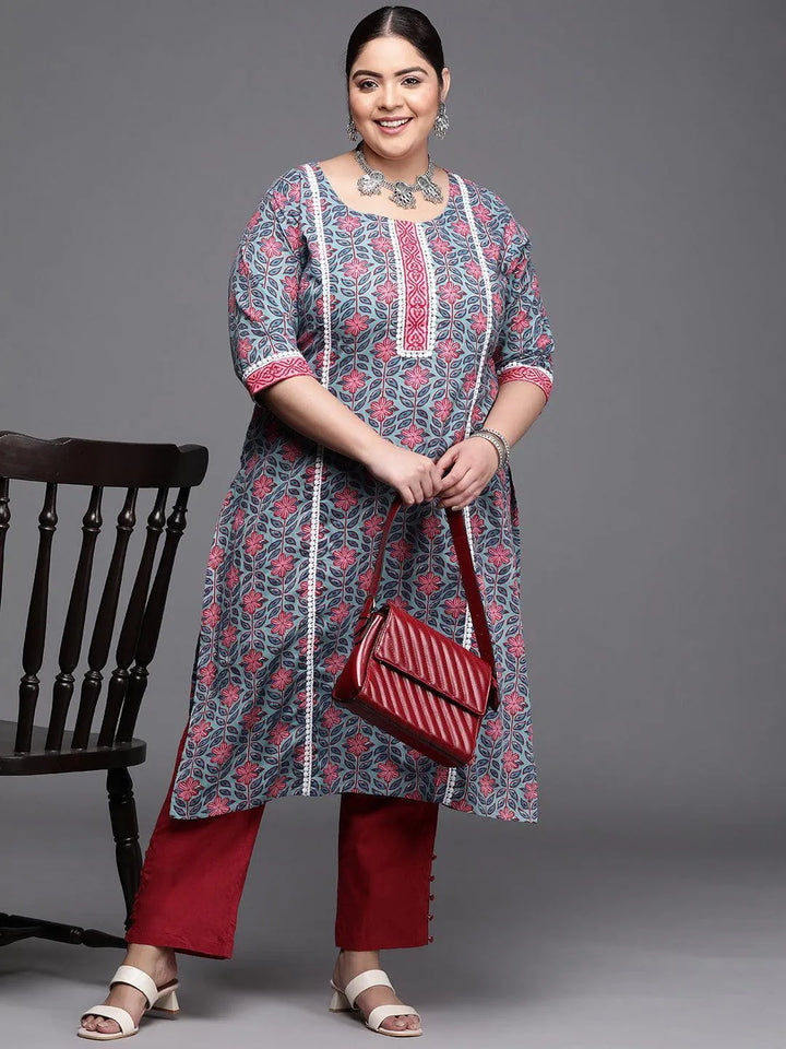 Plus Size Blue Printed Cotton Kurta - ShopLibas