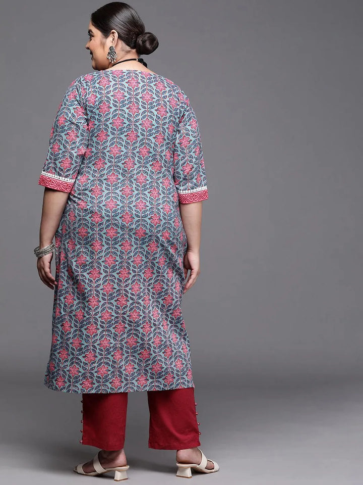 Plus Size Blue Printed Cotton Kurta - ShopLibas