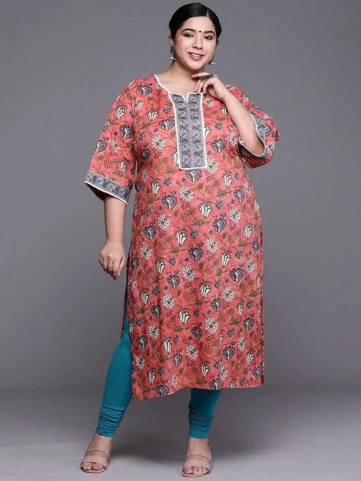 Plus Size Coral Printed Cotton Kurta - ShopLibas