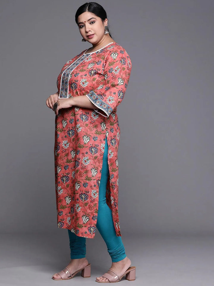 Plus Size Coral Printed Cotton Kurta - ShopLibas