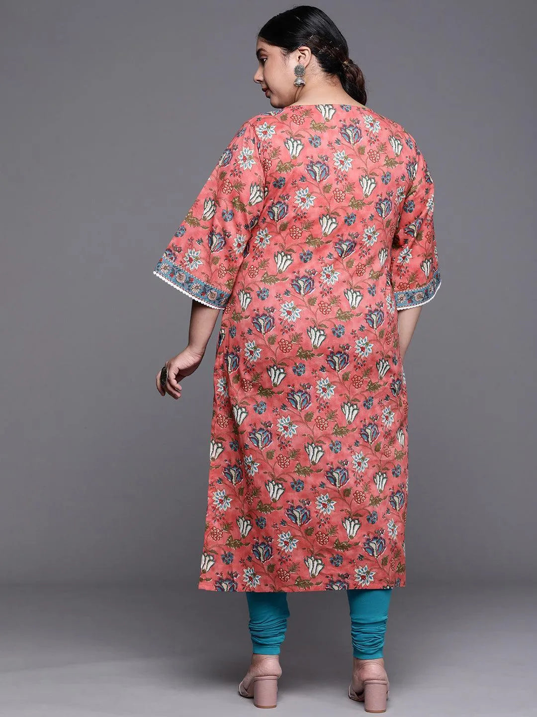 Plus Size Coral Printed Cotton Kurta - ShopLibas