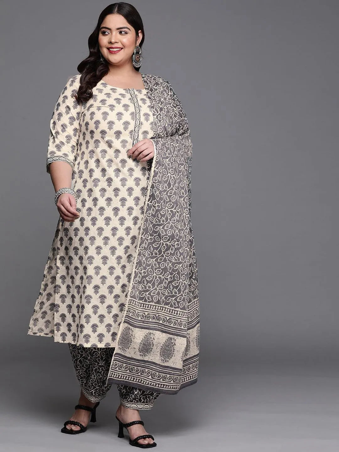 Plus Size Off White Printed Cotton Suit Set