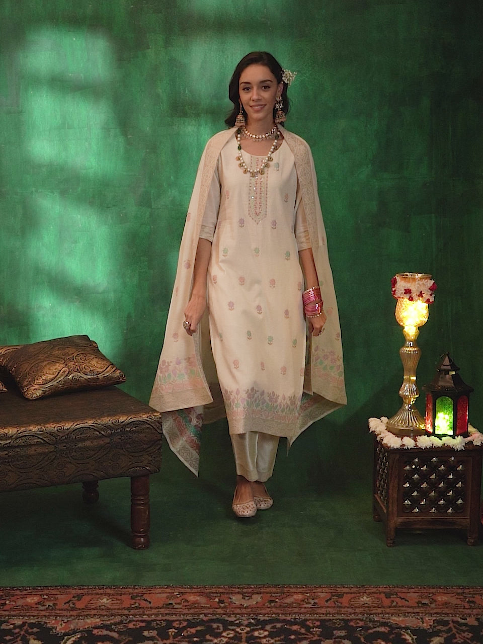 Off White Woven Design Linen Straight Suit With Dupatta