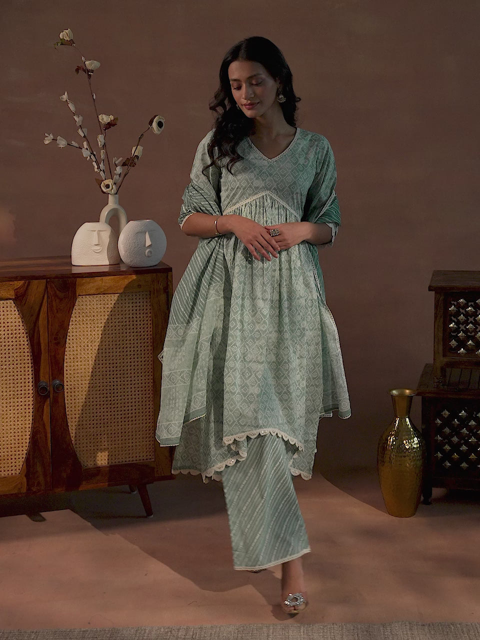 Green Printed Cotton A-Line Kurta With Palazzos & Dupatta